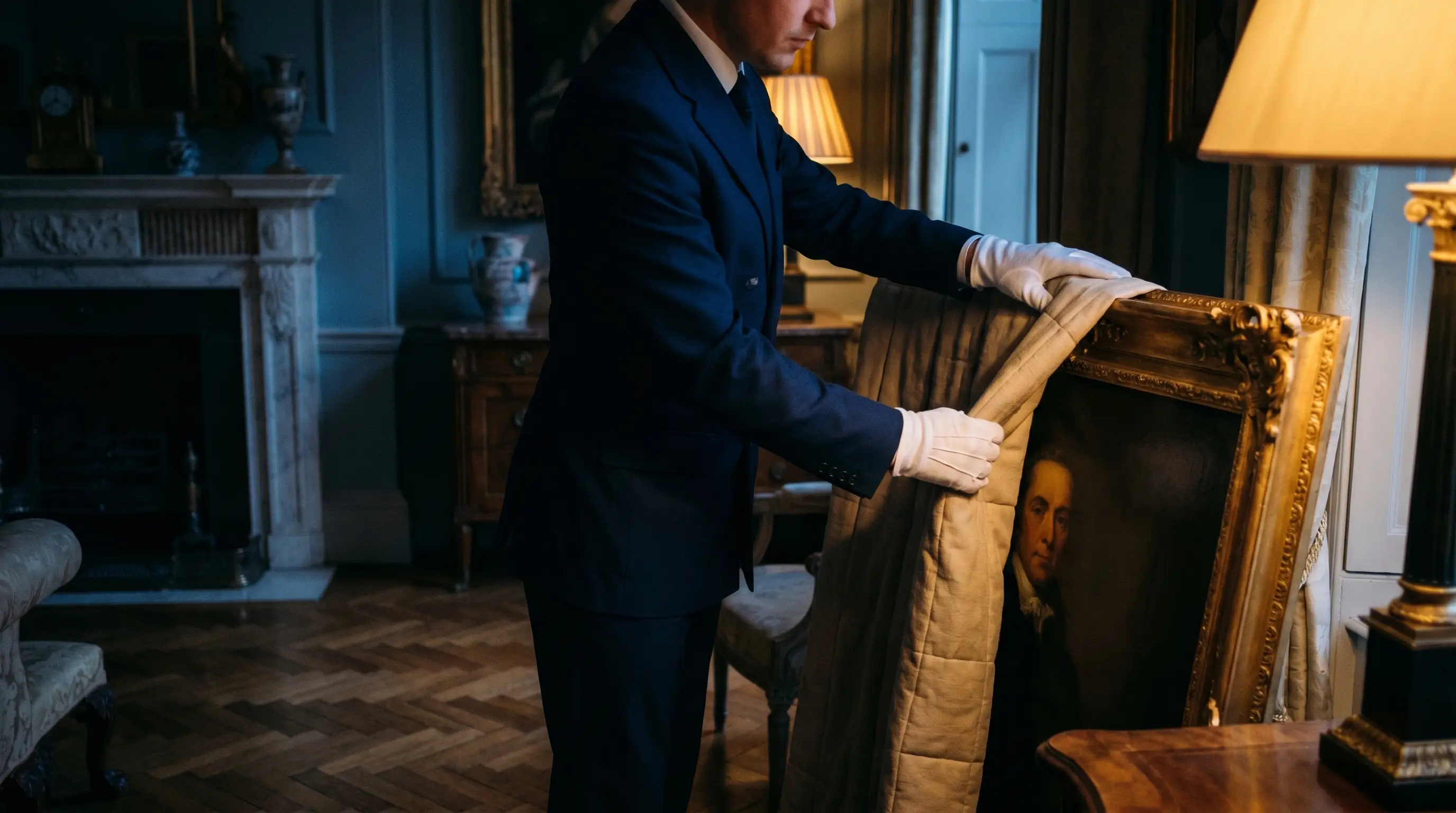 A MÜVR art handler in white cotton gloves wrapping a gilt-framed painting in an elegant London drawing room