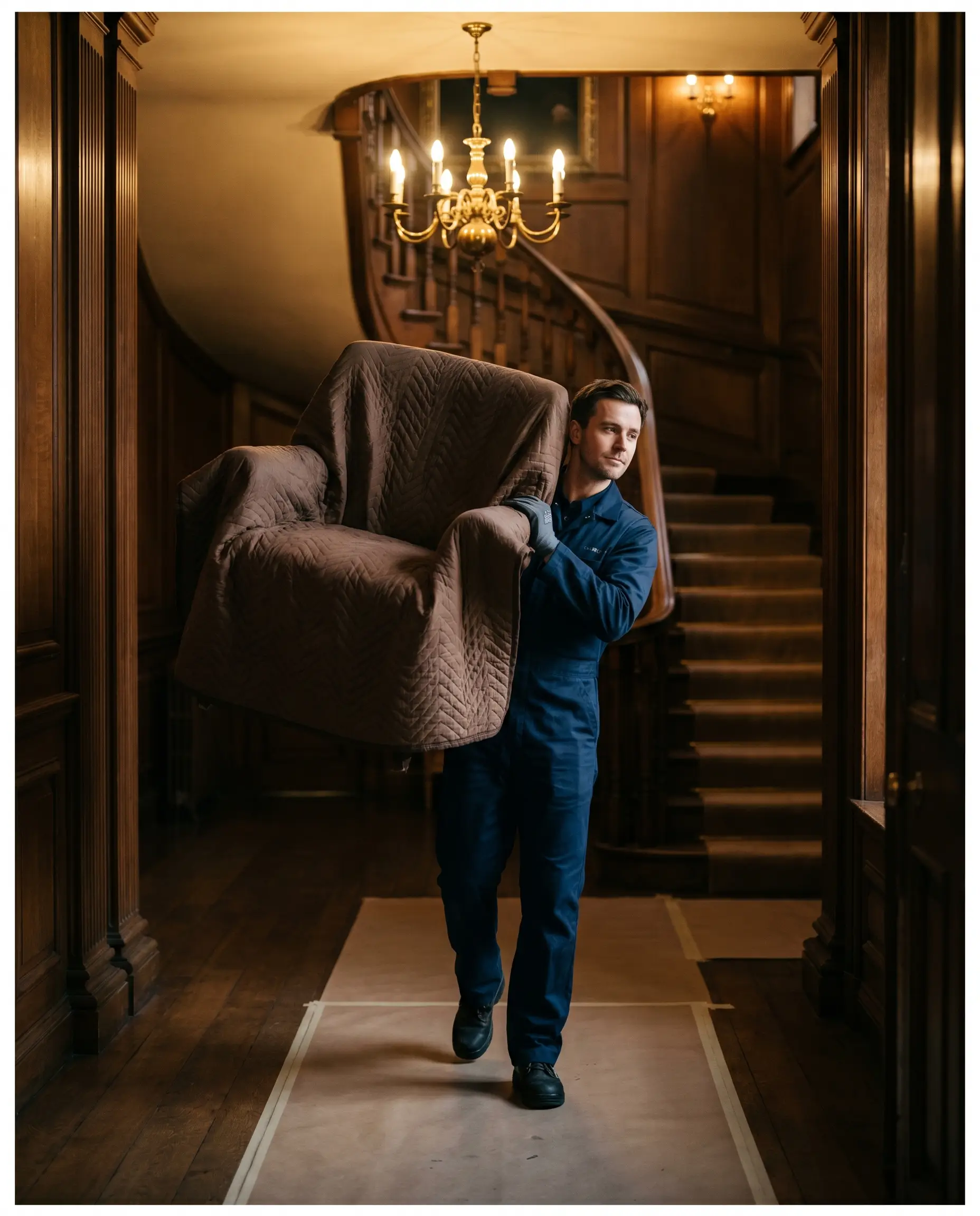 A uniformed MÜVR mover carrying a blanket-wrapped armchair through a grand panelled hallway, floor protection laid down