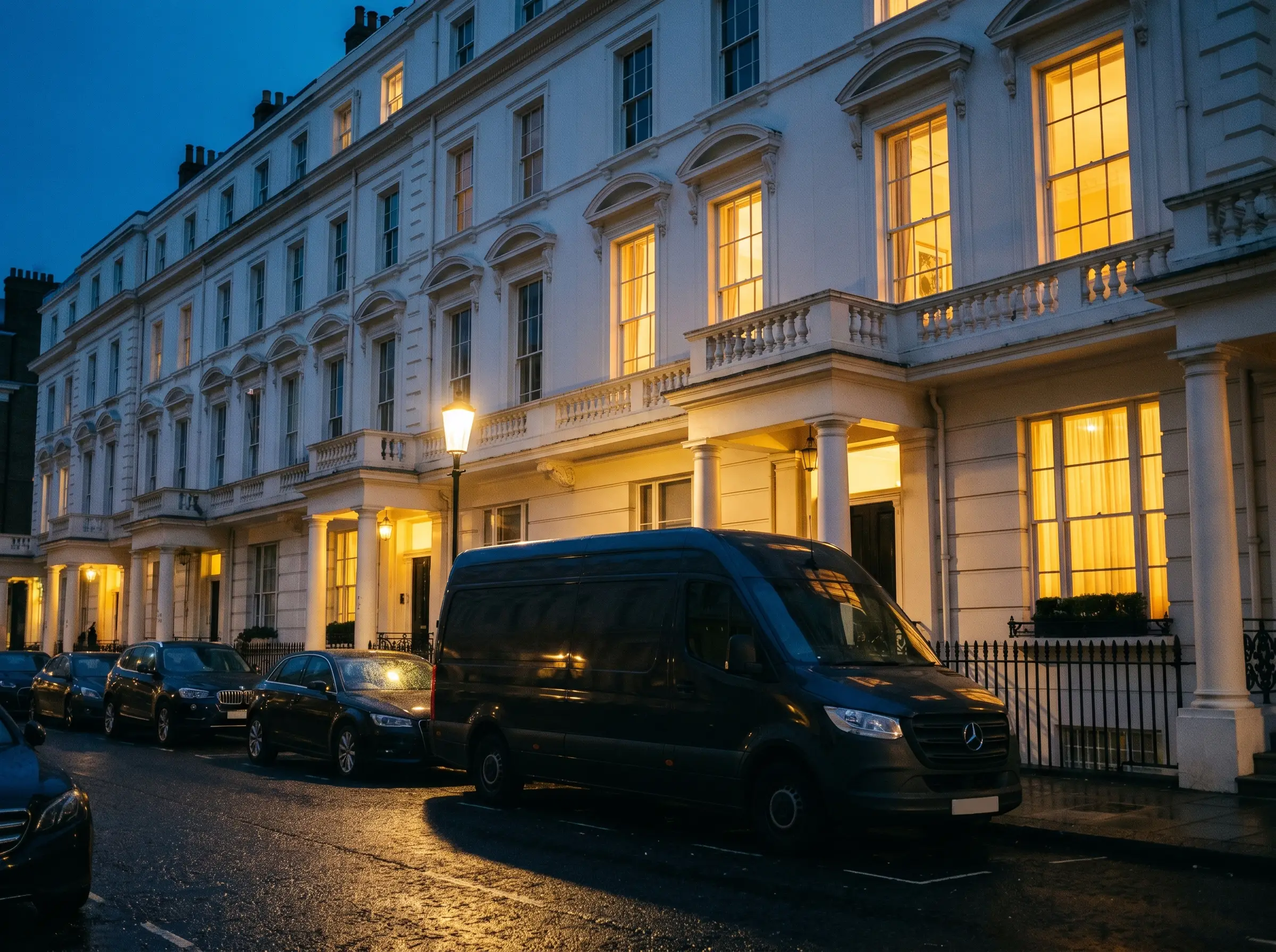 An elegant white stucco London townhouse terrace at blue hour with an unmarked removals van outside