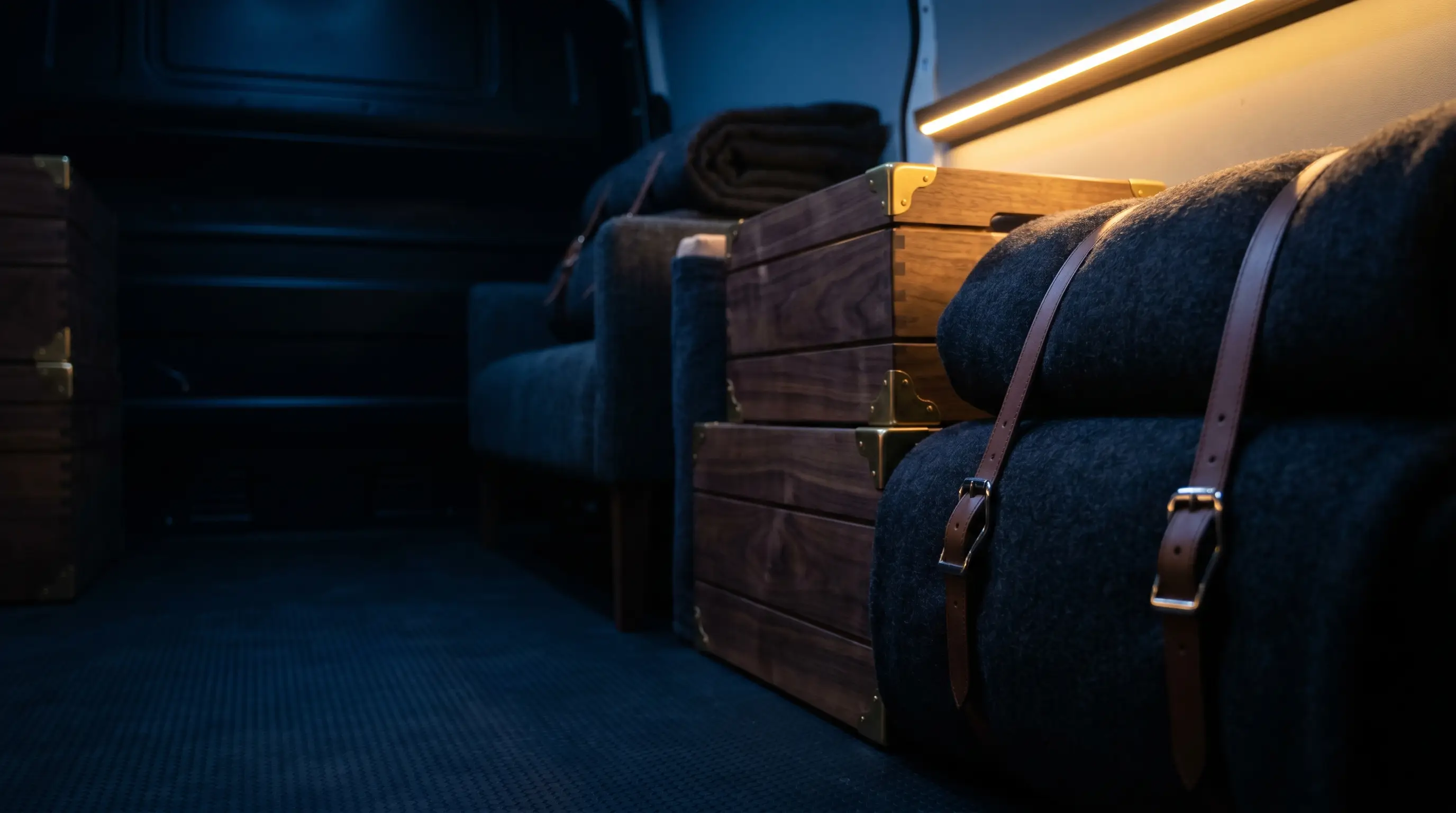 The interior of a MÜVR removals van — custom wooden crates and blanket-wrapped furniture secured in order